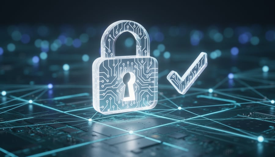 “Glowing geometric lock and cryptographic shapes representing zero-knowledge proof blockchain privacy and verification over a blurred network grid.”