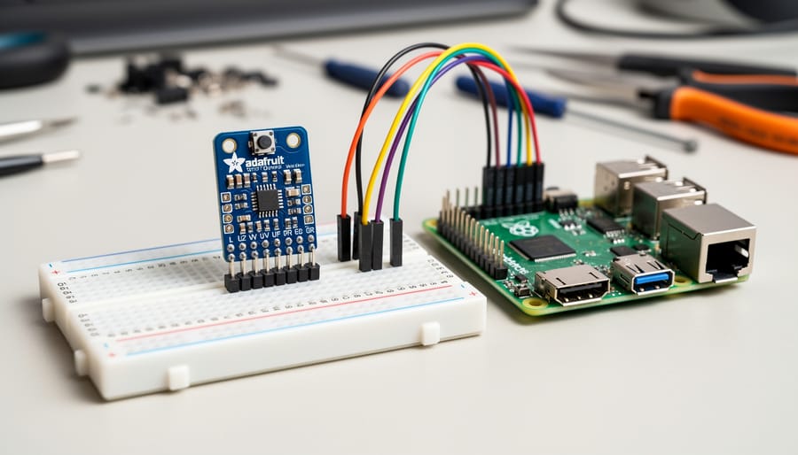 Adafruit UV sensor module connected to a Raspberry Pi on a breadboard with jumper wires