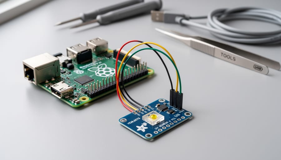 Raspberry Pi connected to an Adafruit UV sensor breakout board using jumper wires on an electronics workbench.