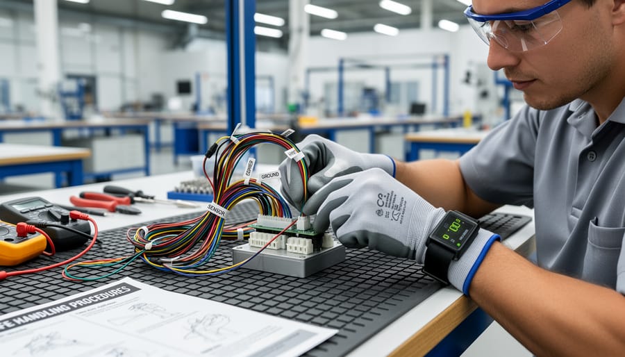 Person handling a UV sensor circuit board with an anti-static wrist strap