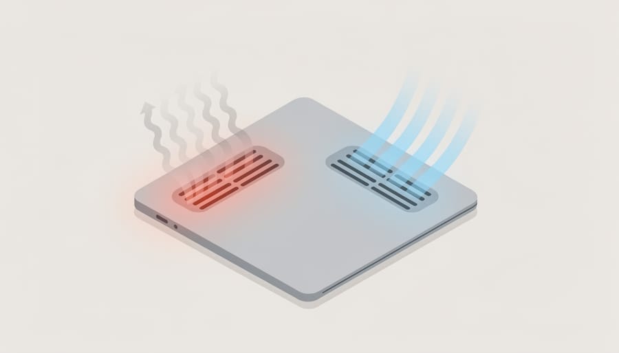 Overhead view showing laptop vent heat haze and cooling pad alignment on a desk.