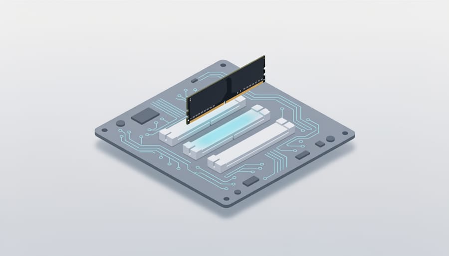 DDR5 RAM sticks positioned near a desktop motherboard DIMM area on a workbench with soft daylight.