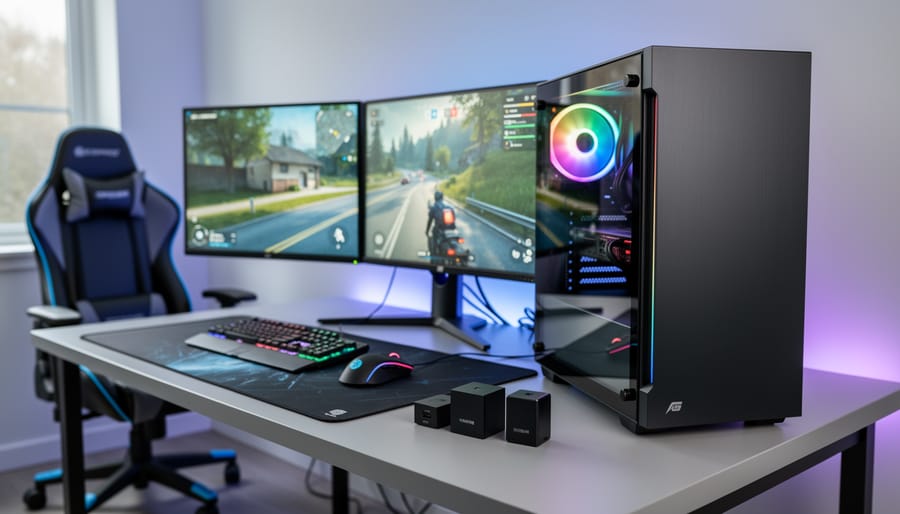 Lexar ARES RGB DDR5 memory sticks in the foreground on a desk with a gaming setup blurred in the background.