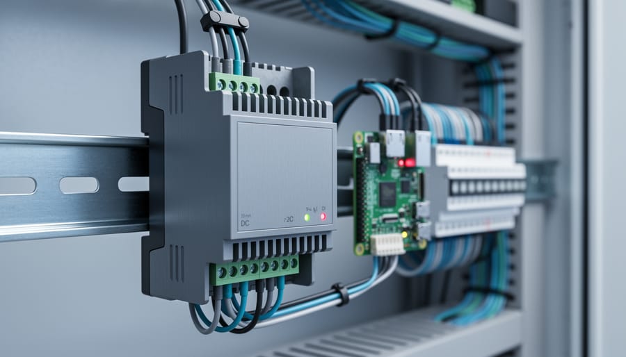 DIN-rail power supply mounted on a 35mm rail inside an industrial control cabinet with DC wiring connecting toward a Raspberry Pi setup.