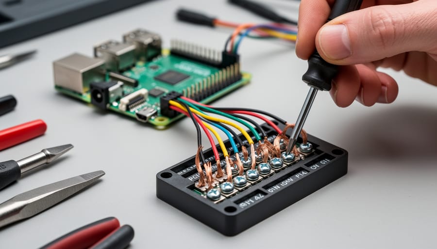 Hand tightening terminal screws on a DIN-rail power supply in an open electrical enclosure.