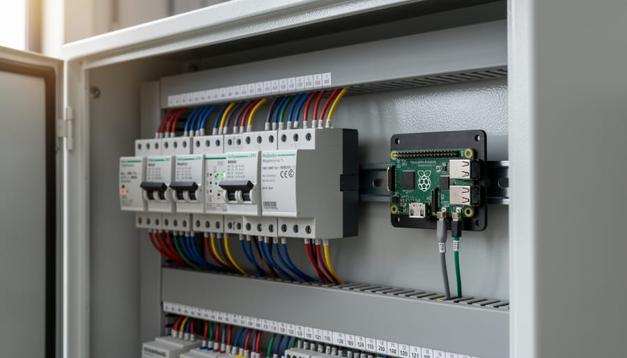 DIN-rail power supplies mounted inside a metal industrial control cabinet with wires and electronics.