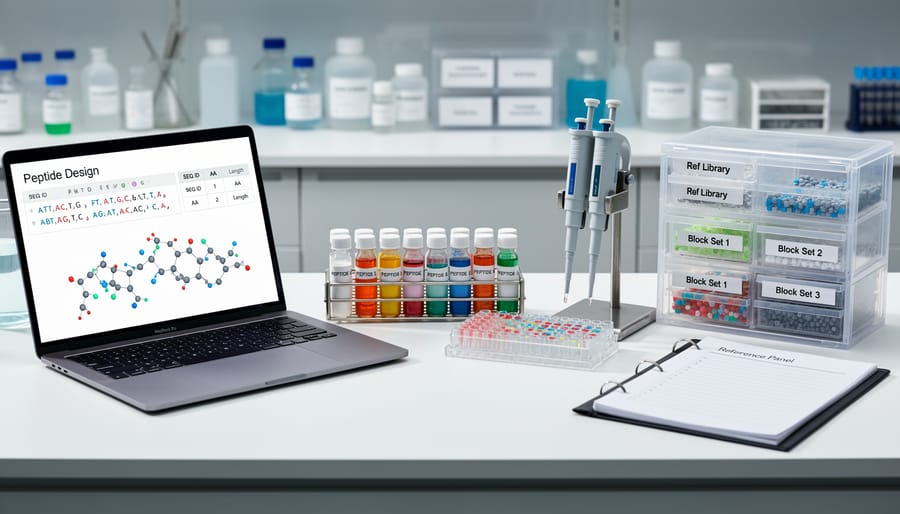 Lab bench with a small vial and neatly arranged colored capsules representing amino-acid components on a work surface.