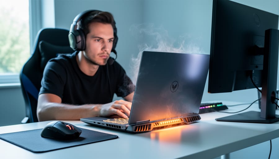 Person using a gaming laptop on a desk with visible heat near the vent area while working.