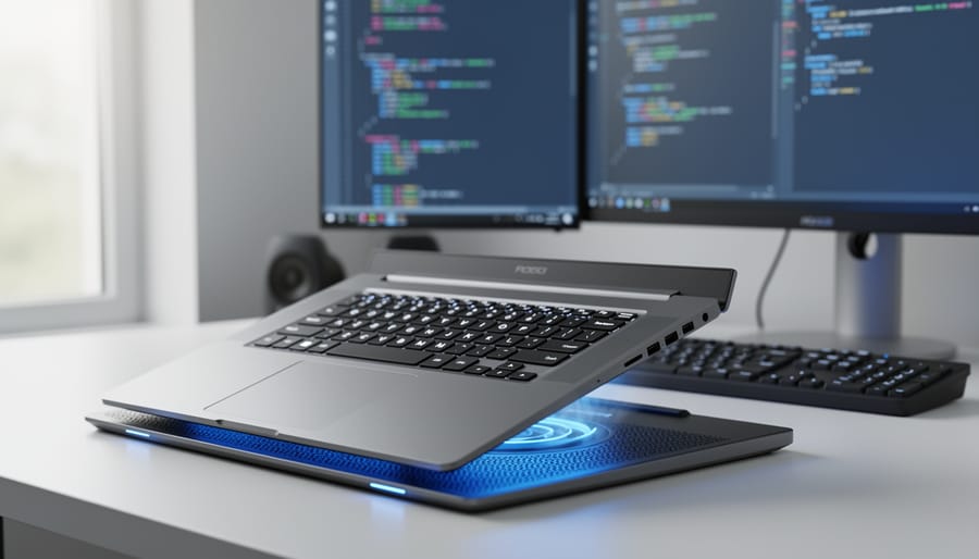 A modern laptop placed on an active cooling pad with fans, elevated airflow visible beneath the chassis in a tidy desk workspace.
