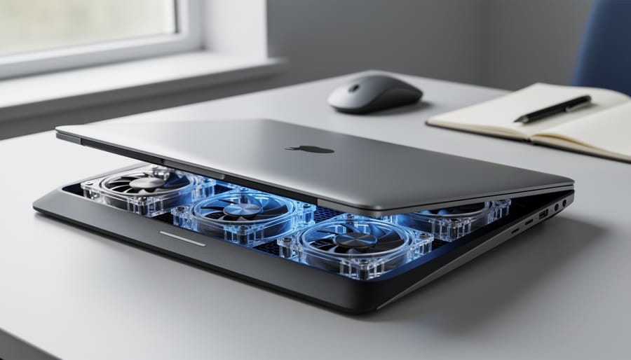 Laptop resting on a cooling pad with fans beneath the base on a desk.