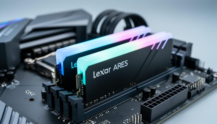 RGB-lit Lexar ARES DDR5 memory modules installed on a gaming PC motherboard, photographed with a blurred background of other components.