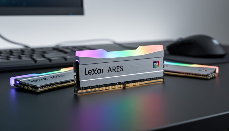 Lexar ARES RGB DDR5 32GB (2x16GB) RAM sticks shown on a black anti-static mat with RGB lighting accents.