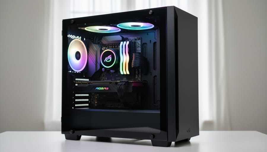 Installed Lexar ARES RGB DDR5 memory visible inside a gaming PC with illuminated RGB lighting and cool tones.