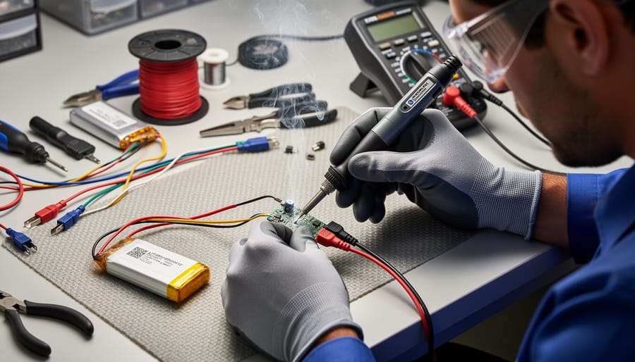 Gloved hands soldering a power management connection near a LiPo battery on a workbench.