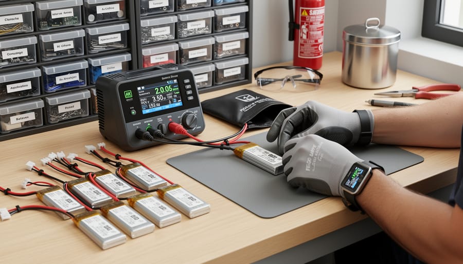 Hands preparing wiring and handling a LiPo battery on an anti-static mat with heat-shrink tubing nearby.