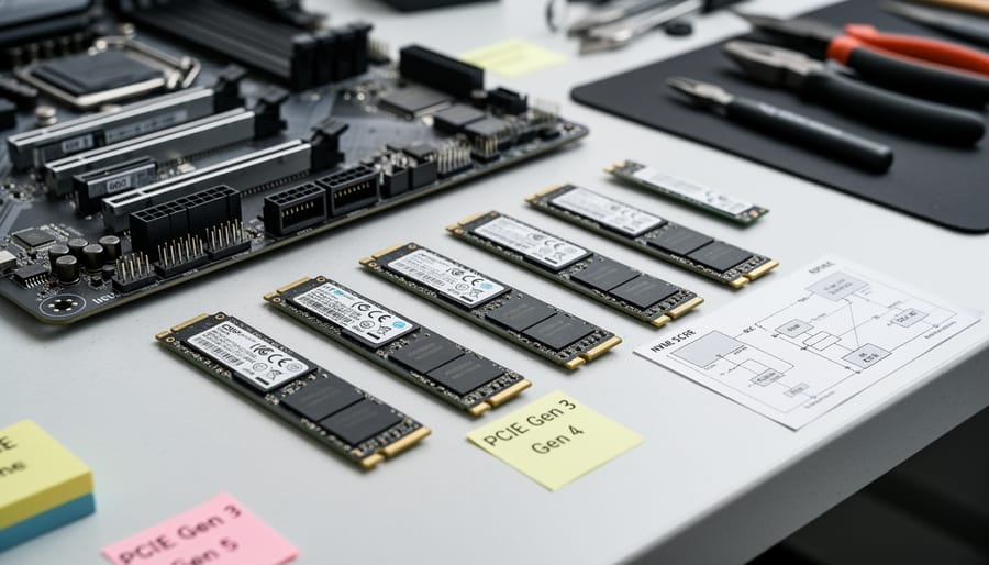 Close-up view of several M.2 NVMe SSDs on a dark workbench to illustrate PCIe generation differences