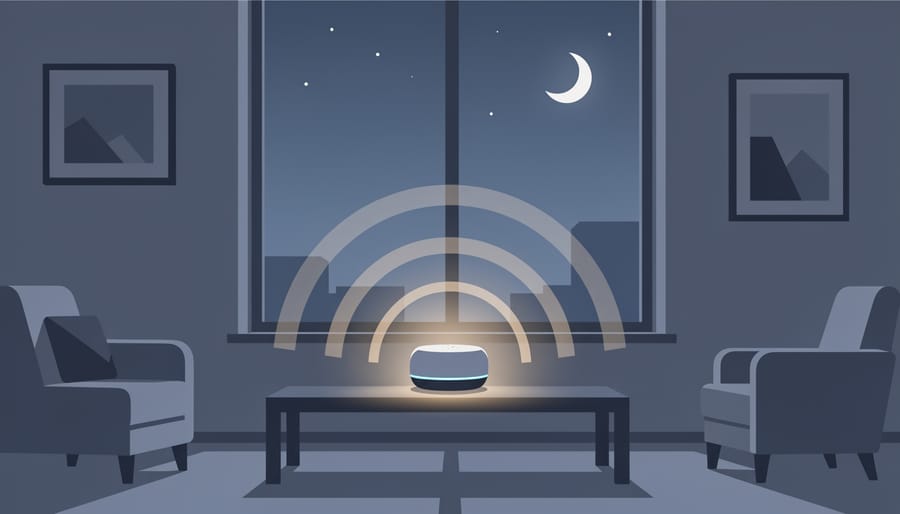 Nighttime home interior with a small speaker device powered by a Raspberry Pi glowing softly