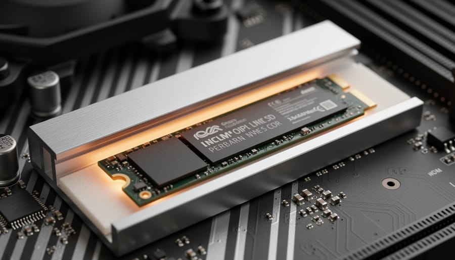 Technician hands applying a thermal pad and heatsink onto an M.2 NVMe SSD