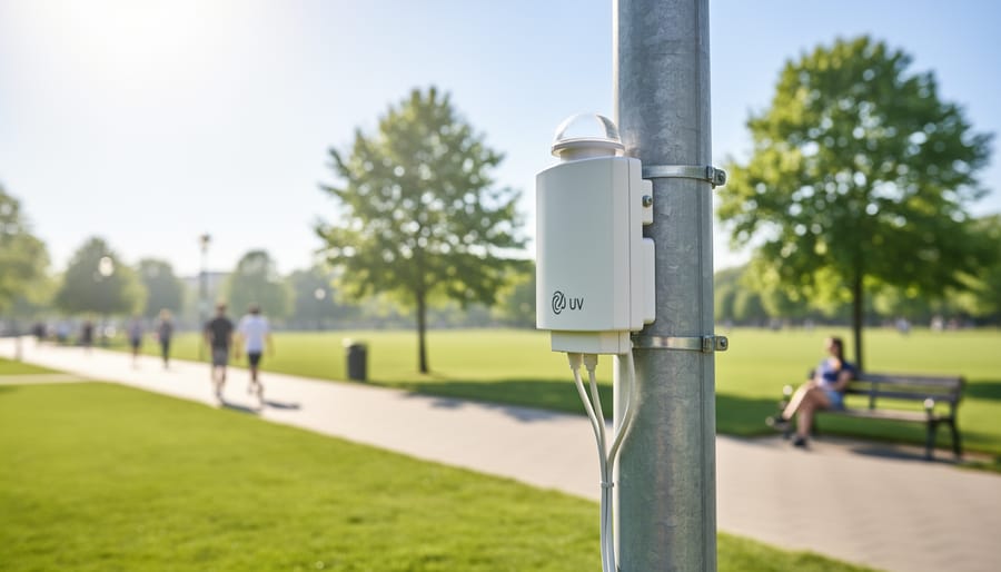 Outdoor weatherproof enclosure with a Raspberry Pi and UV sensor mounted near plants and sunlight