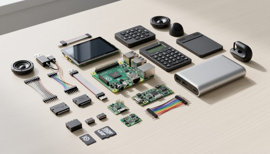 Hardware components for a Raspberry Pi PDA laid out on an anti-static mat including Raspberry Pi, touchscreen, cables, and a LiPo battery.