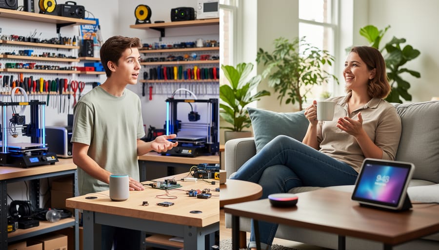 Person speaking toward a speaker at a workbench while a voice assistant device sits nearby