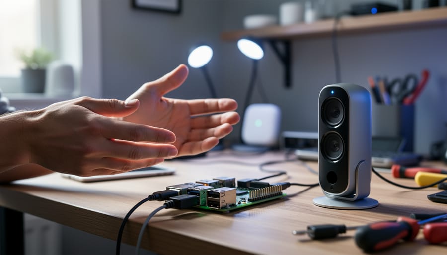 Raspberry Pi and microphone on a maker’s workbench, illustrating a privacy-focused local voice assistant setup for Q.