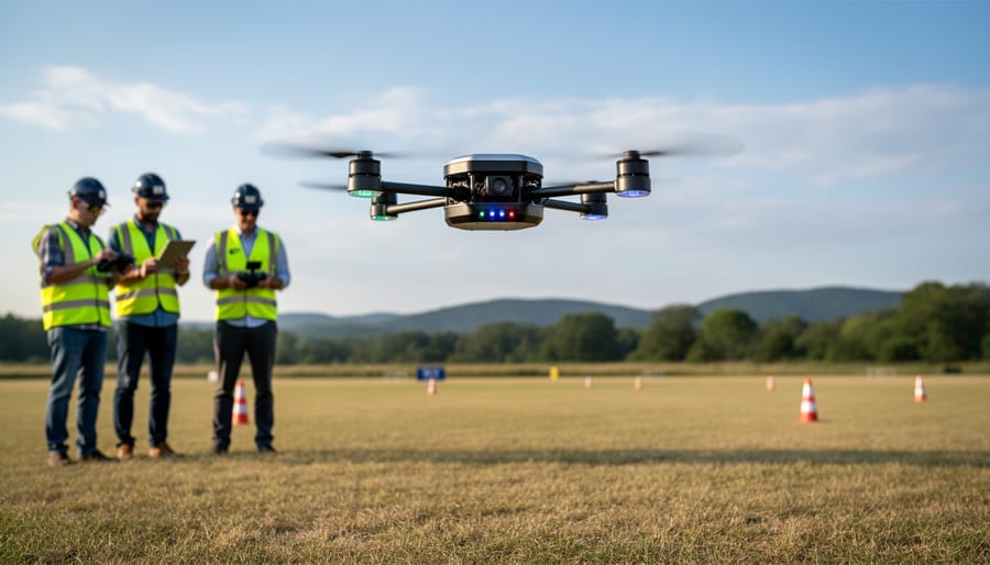 Quadcopter hovering during an initial test flight over an open field at golden hour.