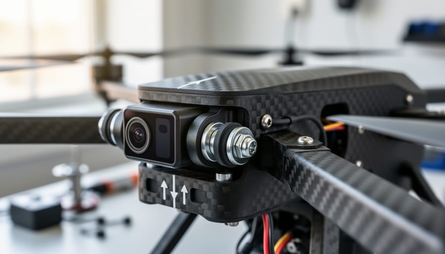 Close-up of an IMU sensor mounted on a quadcopter frame with wiring routed neatly.