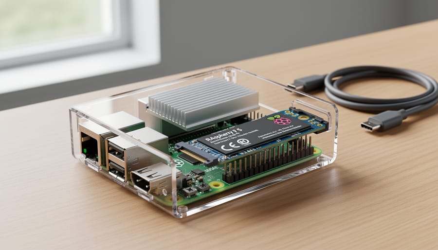 Raspberry Pi 5 with an installed M.2 NVMe SSD and heatsink inside a small enclosure