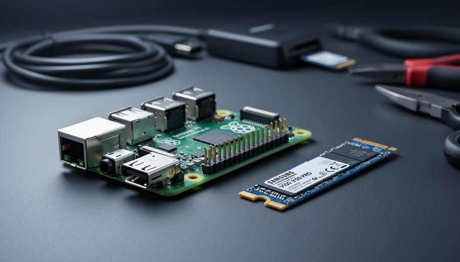 Raspberry Pi 5 circuit board placed next to an M.2 NVMe SSD on a dark electronics workbench under studio lighting.
