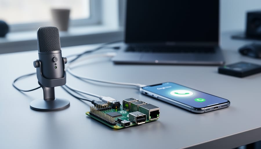 Raspberry Pi on a maker desk connected to a microphone, suggesting Google Voice and voice recognition projects.