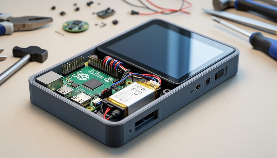 A Raspberry Pi PDA prototype on a workbench with a small touchscreen and visible internal power and GPIO connections in a 3D-printed case.