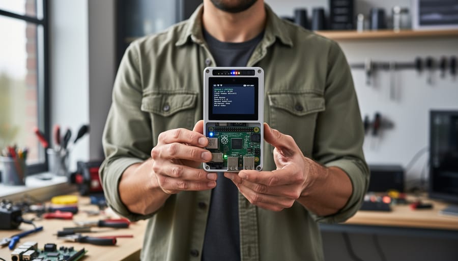 Raspberry Pi PDA prototype held in a person’s hand with the touchscreen and internal electronics partially visible.