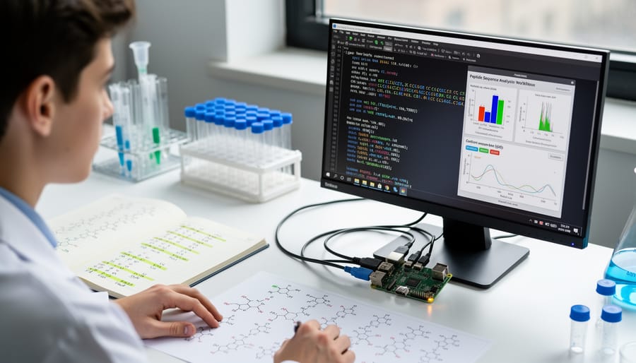 Raspberry Pi-like single-board computer connected to cables with a screen showing an abstract pattern, on a desk in soft lighting.