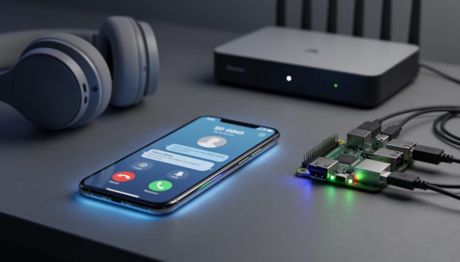 Raspberry Pi project next to a smartphone with blurred notification glow