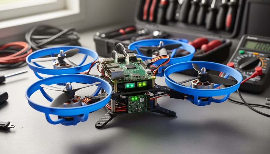 Close-up of a Raspberry Pi quadcopter on a workbench, showing the Raspberry Pi board, ESC wiring, and motor frames.