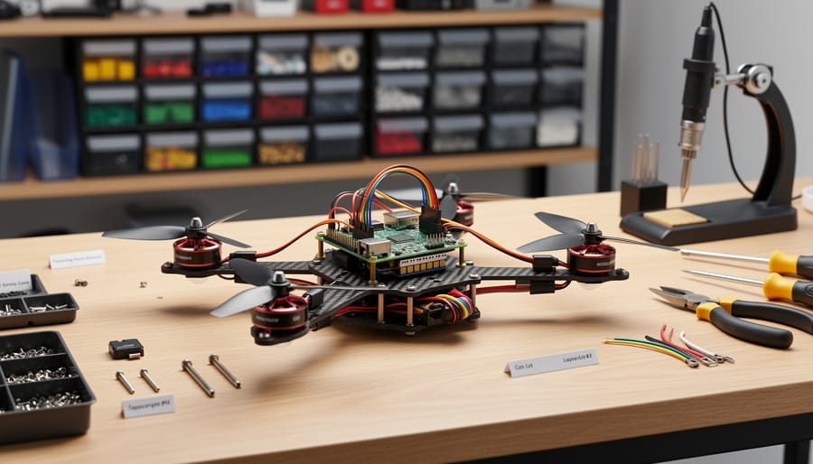Assembled Raspberry Pi quadcopter frame on a workbench with flight hardware and a LiPo battery nearby, propellers removed for safety.