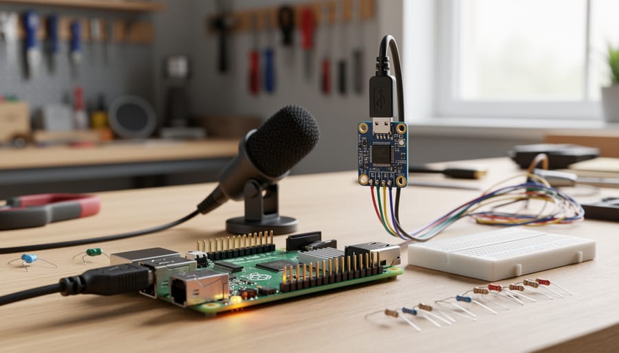 Raspberry Pi with a connected USB microphone on a desk in a DIY electronics enclosure