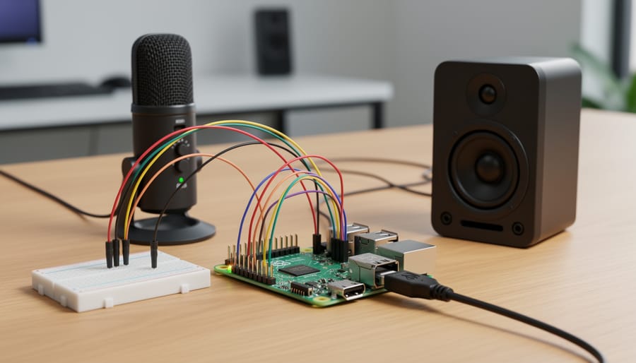 Raspberry Pi with connected microphone and audio components on a workbench