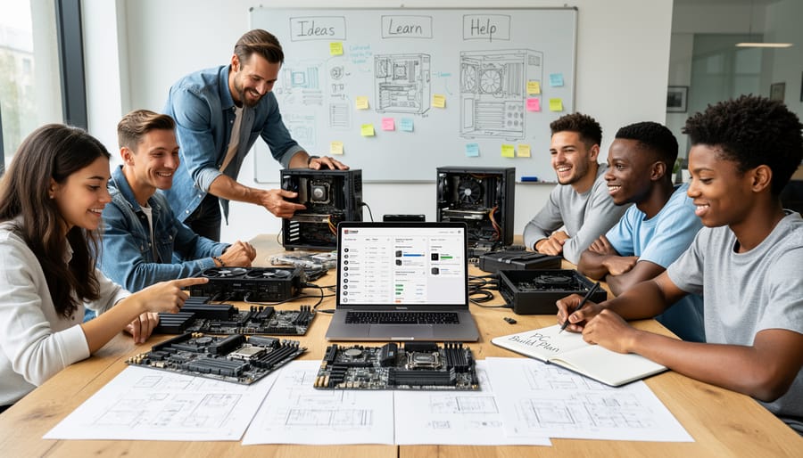 Group of people collaborating at a PC build workbench with a laptop and smartphone showing a blank screen