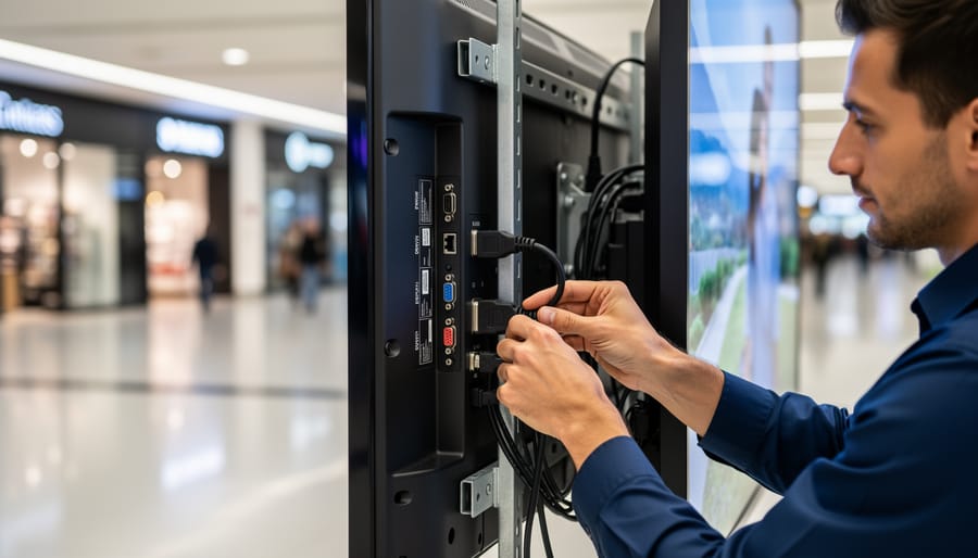 Hands connecting an HDMI cable and power to a Raspberry Pi on a small kiosk-style stand