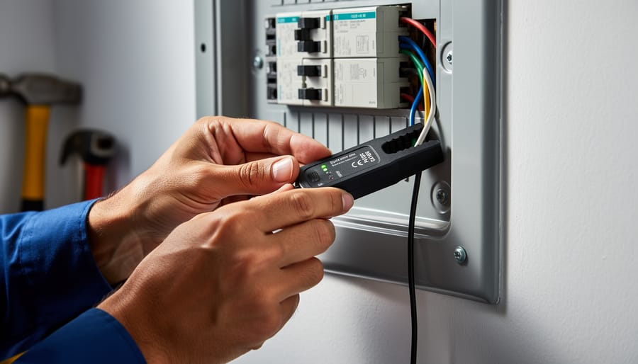 CT clamp positioned around a residential electrical cable near an electrical panel for non-invasive monitoring
