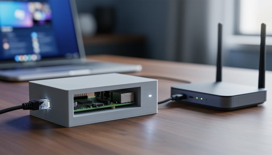 Close-up of a Raspberry Pi session timer device inside a 3D-printed enclosure, with an Ethernet cable connected to a router and a glowing LED status light.