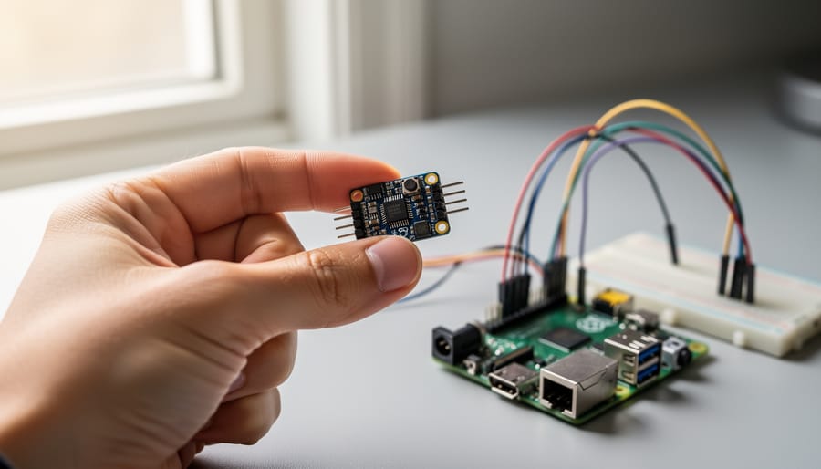 Close-up of a hand rotating a gyroscope IMU module connected with jumper wires