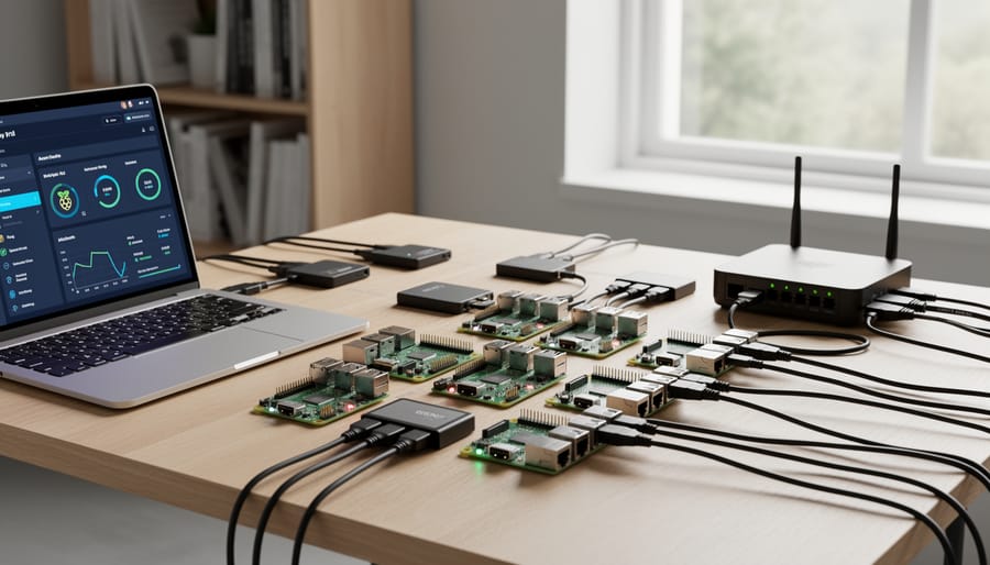 A tidy home hardware setup with Raspberry Pi units and small server components mounted on a shelf.