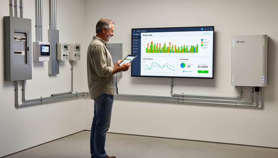 Homeowner looking at a tablet while solar and monitoring equipment is visible in the background