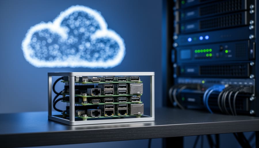 Raspberry Pi home-lab cluster on a shelf with server hardware nearby and a subtle glowing cloud connection in the background.