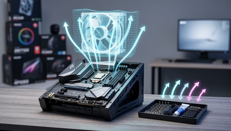 A PC case and motherboard on a workbench with subtle neon visual highlights representing compatibility checking, airflow visualization, and guided component selection.