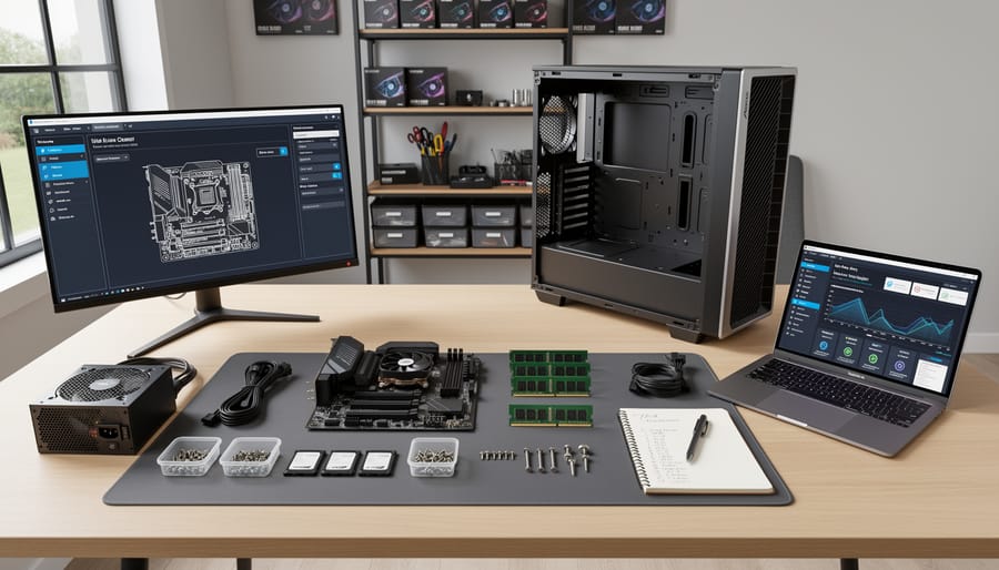 PC components arranged on a workbench beside an open computer case and CPU tray