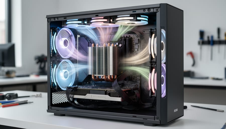 Inside view of an open PC case showing CPU cooler and intake and exhaust fans for airflow planning